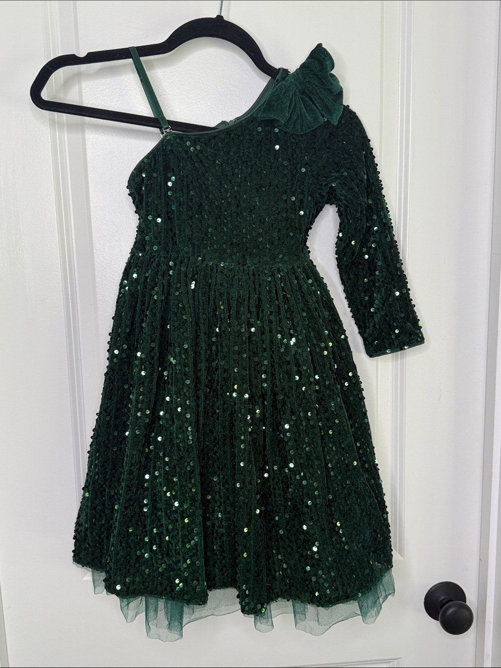 Girls' Emerald Green Sequin One-Shoulder Christmas Dress 6